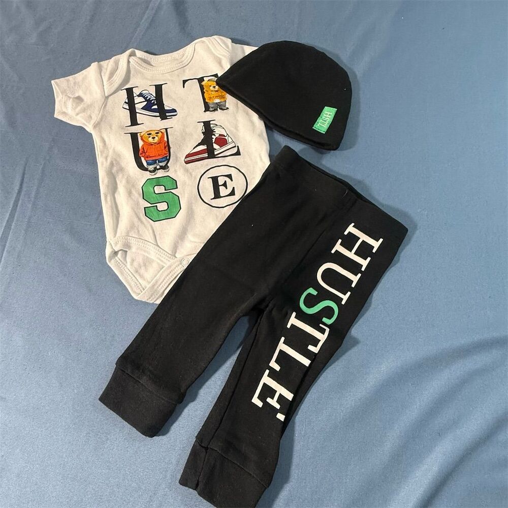 Contact Baby Infant Outfit Set "HUSTLE" Bodysuit, Sweatpants & Beanie 0-3 Months